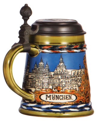 Mettlach stein, .5L, 3043, etched, München, inlaid lid, mint. - 3