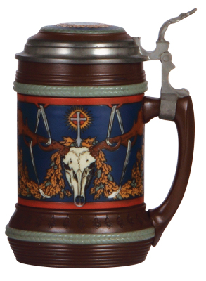 Mettlach stein, .5L, 2813, etched, St. Hubertus, inlaid lid, mint.