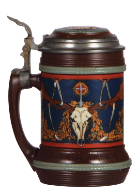 Mettlach stein, .5L, 2813, etched, St. Hubertus, inlaid lid, mint. - 3