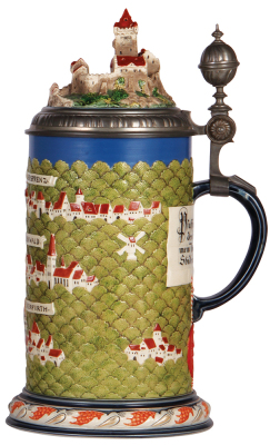 Mettlach stein, 3.8L, 15.7" ht., 2038, decorated relief, Rodenstein, inlaid lid, mint. - 2