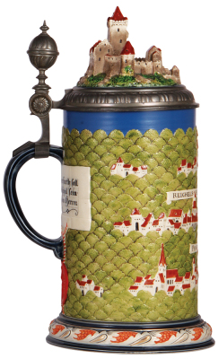 Mettlach stein, 3.8L, 15.7" ht., 2038, decorated relief, Rodenstein, inlaid lid, mint. - 3