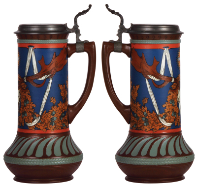 Mettlach stein, 2.6L, 14.2" ht., 2812, etched, St. Hubertus, inlaid lid, very good inlay repair, body mint. - 2