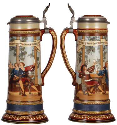 Mettlach stein, 2.6L, 16.0" ht., 2286, etched, inlaid lid, mint.  - 2