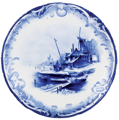 Mettlach plaque, 19.4" d., 5268/2308, Delft, relief edge, mint.