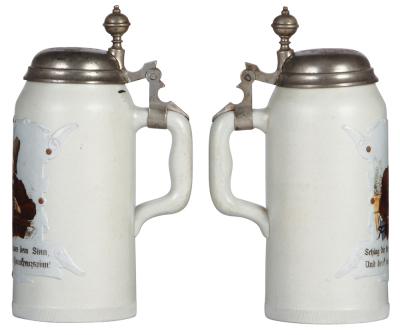 Mettlach stein, 1.0L, 1533, etched, tapestry, pewter lid, pewter tear repaired, body mint. - 2