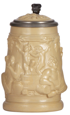 Mettlach stein, 1.0L, 809, earlyware, inlaid lid, small flake on relief, otherwise mint.