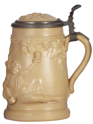 Mettlach stein, 1.0L, 809, earlyware, inlaid lid, small flake on relief, otherwise mint. - 2