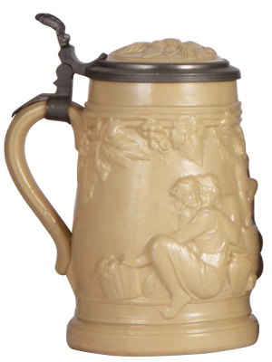 Mettlach stein, 1.0L, 809, earlyware, inlaid lid, small flake on relief, otherwise mint. - 3