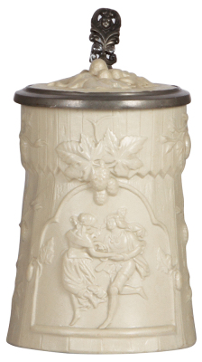 Mettlach stein, 1.4L, 762, earlyware, inlaid lid, center hinge ring missing, otherwise mint. 