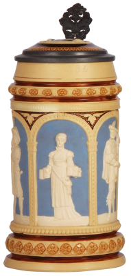 Mettlach stein, .8L, 1157, relief, inlaid lid, excellent repair of small chip, capacity mark added later.