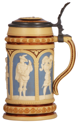 Mettlach stein, .8L, 1157, relief, inlaid lid, excellent repair of small chip, capacity mark added later. - 2