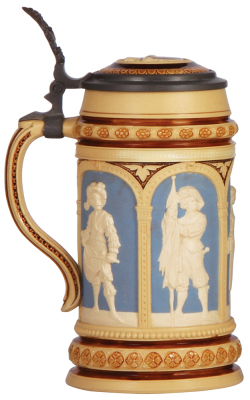 Mettlach stein, .8L, 1157, relief, inlaid lid, excellent repair of small chip, capacity mark added later. - 3