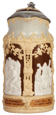 Mettlach stein, 2.7L, 12.4" ht., 409, relief, inlaid lid, mint.