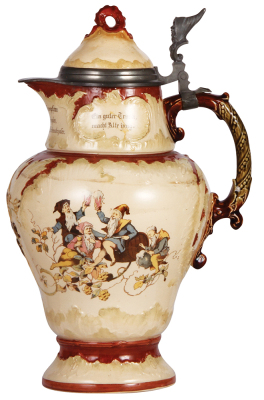 Mettlach stein, 3.2L, 13.9" ht., 953 [2183], PUG, inlaid lid, excellent chip repair on finial, body mint.