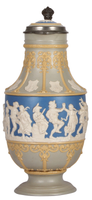 Mettlach stein, 4.1L, 15.2" ht., 2085, relief, inlaid lid, mint.