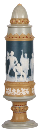 Mettlach pokal, 16.5" ht., 2522, cameo, body mint, lid has a 1" chip & missing finial. 