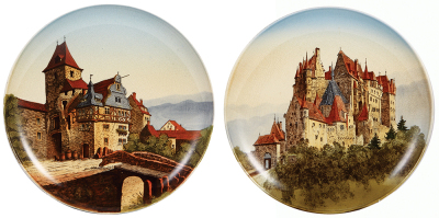 Two Mettlach plaques, 12.0" d., 94/1044, PUG, Altes Stadthor Cochem, mint; with, 12.0" d., 95/1044, PUG, Burg Eltz, mint. 