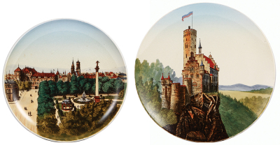 Two Mettlach plaques, 14.0" d., 147/1044, PUG, Lichtenstein, chip on one rear hanging rim hole; with, 12.0" d., 190/1044, PUG, Stuttgart Schlossplatz, mint.