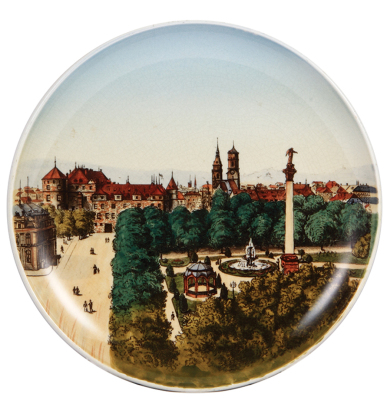 Two Mettlach plaques, 14.0" d., 147/1044, PUG, Lichtenstein, chip on one rear hanging rim hole; with, 12.0" d., 190/1044, PUG, Stuttgart Schlossplatz, mint. - 2