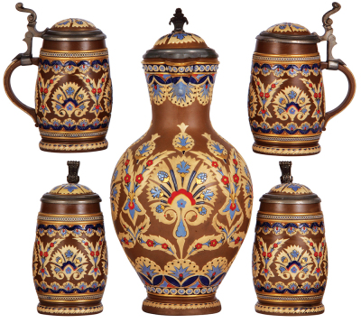 Mettlach stein set, 3.5L, 15.1'' ht., 1174, mosaic, inlaid lid, factory firing line; with, four, .5L, 1261, mosaic, inlaid lid, one dented pewter ring holding inlay, otherwise mint.