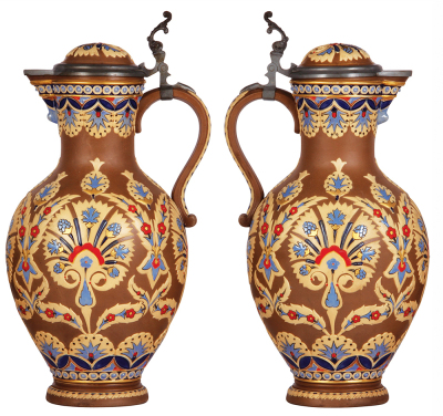 Mettlach stein set, 3.5L, 15.1'' ht., 1174, mosaic, inlaid lid, factory firing line; with, four, .5L, 1261, mosaic, inlaid lid, one dented pewter ring holding inlay, otherwise mint. - 2