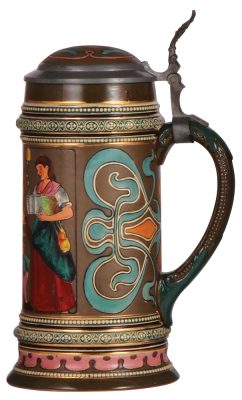 Pottery stein, 1.0L, etched, marked Gerz, 1218, inlaid lid, crazing on interior of inlay, otherwise mint.  - 2