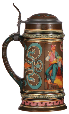 Pottery stein, 1.0L, etched, marked Gerz, 1218, inlaid lid, crazing on interior of inlay, otherwise mint.  - 3