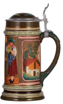 Pottery stein, 1.0L, etched, marked Gerz, 1215, inlaid lid, mint.  - 2