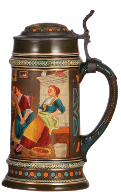 Pottery stein, 1.0L, etched, marked Gerz 1326, inlaid lid, pewter rim is bent, otherwise mint.  - 2