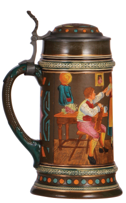 Pottery stein, 1.0L, etched, marked Gerz 1326, inlaid lid, pewter rim is bent, otherwise mint.  - 3