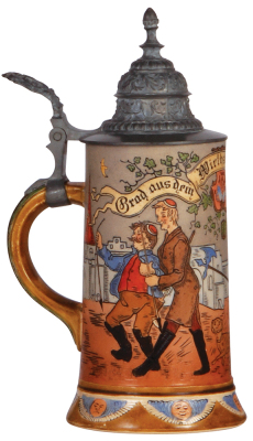 Pottery stein, .5L, etched, marked H.R., 420, by Hauber & Reuther, pewter lid, mint. 