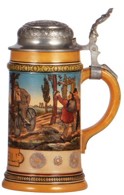 Pottery stein, .5L, etched, marked, H.R., 438, by Hauber & Reuther, All Heil!, pewter lid, mint.  - 2