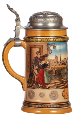 Pottery stein, .5L, etched, marked, H.R., 438, by Hauber & Reuther, All Heil!, pewter lid, mint.  - 3