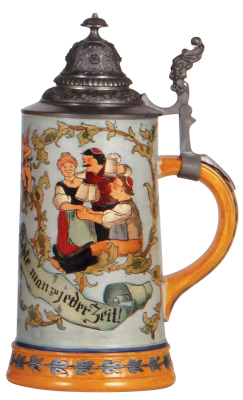 Pottery stein, .5L, etched, marked H.R., 425, by Hauber & Reuther, pewter lid, mint. 