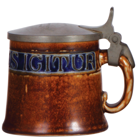 Stoneware stein, .5L, relief, marked 2026, R. Merkelbach, Grenzhausen, Art Nouveau, design by R. Riemerschmid. brown & blue saltglazes,pewter lid, mint.