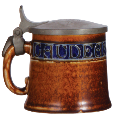 Stoneware stein, .5L, relief, marked 2026, R. Merkelbach, Grenzhausen, Art Nouveau, design by R. Riemerschmid. brown & blue saltglazes,pewter lid, mint. - 3