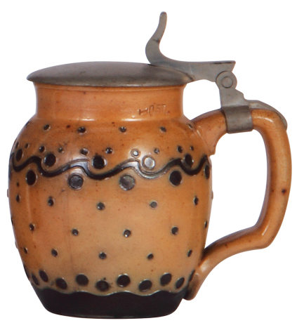 Stoneware stein, .5L, relief, marked 1770, made by Reinhold Merkelbach, designed by R. Riemerschmid, brown saltglaze, Art Nouveau, pewter lid, mint.