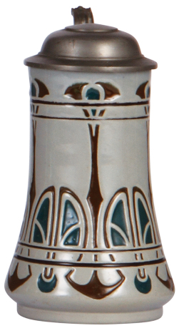 Stoneware stein, .4L, relief, marked 573B, made by Rosskopf & Gerz, designed by Karl Görig, green & brown saltglazes, Art Nouveau, pewter lid, mint.