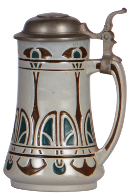 Stoneware stein, .4L, relief, marked 573B, made by Rosskopf & Gerz, designed by Karl Görig, green & brown saltglazes, Art Nouveau, pewter lid, mint. - 2