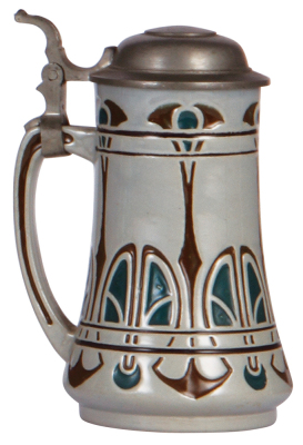 Stoneware stein, .4L, relief, marked 573B, made by Rosskopf & Gerz, designed by Karl Görig, green & brown saltglazes, Art Nouveau, pewter lid, mint. - 3