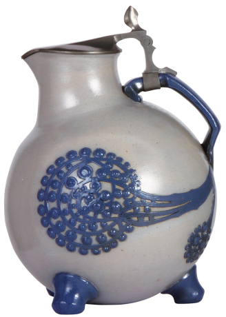 Stoneware stein, 10.9'' ht., relief, marked 1758, made by Reinhold Merkelbach, designed by R. Riemerschmid, blue saltglaze, Art Nouveau, pewter lid, mint.