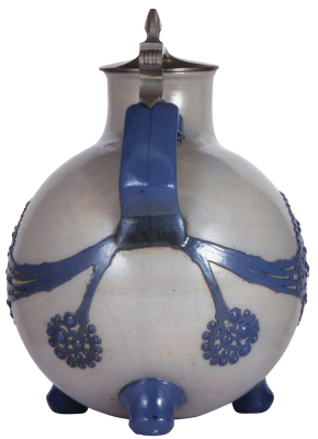 Stoneware stein, 10.9'' ht., relief, marked 1758, made by Reinhold Merkelbach, designed by R. Riemerschmid, blue saltglaze, Art Nouveau, pewter lid, mint. - 2