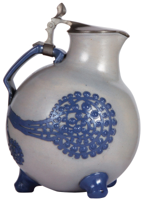 Stoneware stein, 10.9'' ht., relief, marked 1758, made by Reinhold Merkelbach, designed by R. Riemerschmid, blue saltglaze, Art Nouveau, pewter lid, mint. - 3