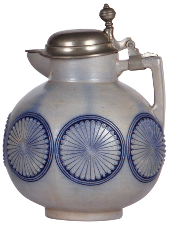 Stoneware stein, 9.7'' ht., relief, marked 0100, made by S.P Gerz, blue saltglaze, Art Nouveau, pewter lid, minor pewter repairs, small flakes.