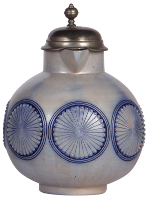 Stoneware stein, 9.7'' ht., relief, marked 0100, made by S.P Gerz, blue saltglaze, Art Nouveau, pewter lid, minor pewter repairs, small flakes. - 2