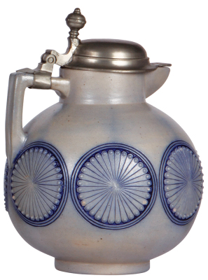 Stoneware stein, 9.7'' ht., relief, marked 0100, made by S.P Gerz, blue saltglaze, Art Nouveau, pewter lid, minor pewter repairs, small flakes. - 3