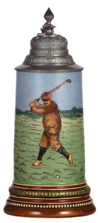 Pottery stein, .5L, etched, marked H.R., 1000, by Hauber & Reuther, Golfer, pewter lid, mint.