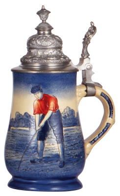 Pottery stein, .5L, etched, marked R, 5504, Golfer, pewter lid, mint.