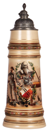 Pottery stein, 16.4" ht., transfer & hand-painted, marked M. & W. Gr., 4F, pewter lid, mint. 