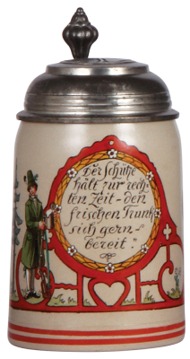 Stoneware stein, .5L, transfer & hand-painted, design by F. Ringer, pewter lid, mint.